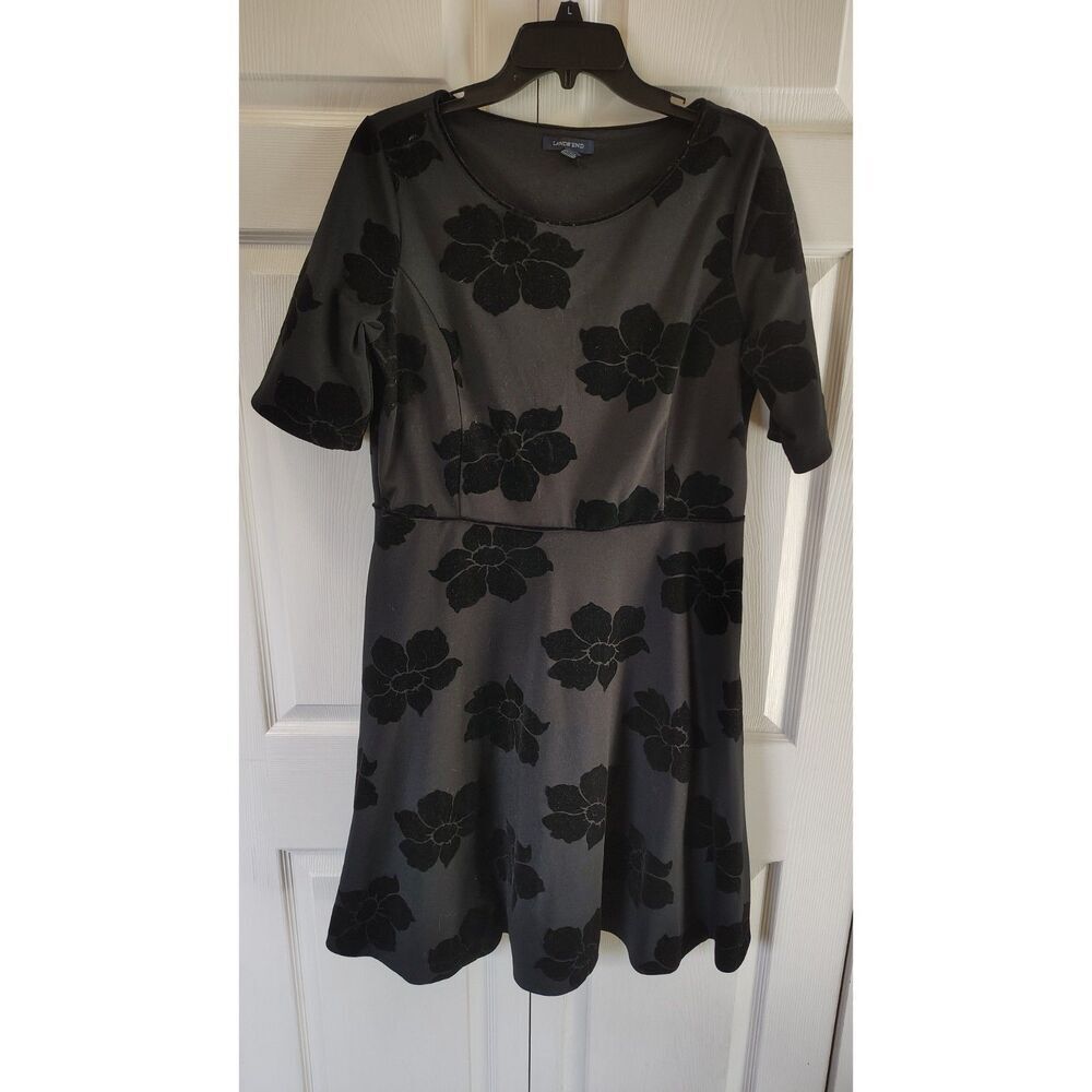 Lands' End Black Velvet Flocked Fit & Flare Dress Large